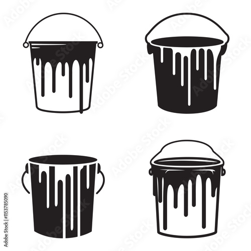 Set of paint bucket with dripping paint silhouette vector icon illustration