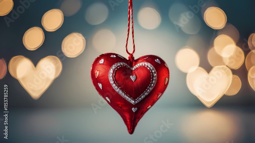 Red Heart Ornament Hanging: A romantic red heart ornament hangs delicately against a bokeh background of warm, glowing hearts, perfect for Valentine's Day, love, and romance.