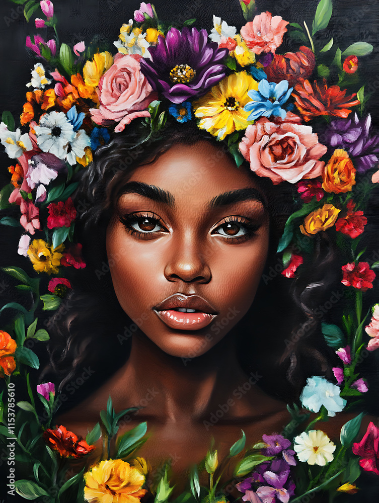 Naklejka premium Afrocentric Goddess With a Radiant Flower Crown, Bold and Confident, Surrounded by a Garden of Vibrant Flowers, Surreal Painterly Style
