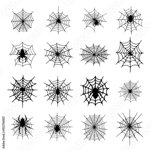 Collection of Spider web silhouette isolated on white background