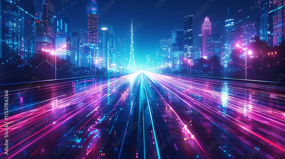 Futuristic city highway at night with vibrant light trails. Futuristic city highway at night with vibrant light trails.