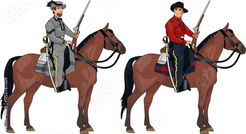 Set of Two Soldiers on Horsebacks in Uniforms and with Rifles from American Civil War during the Bull Run Campaign in 1861, Illustration, EPS 10 Vector