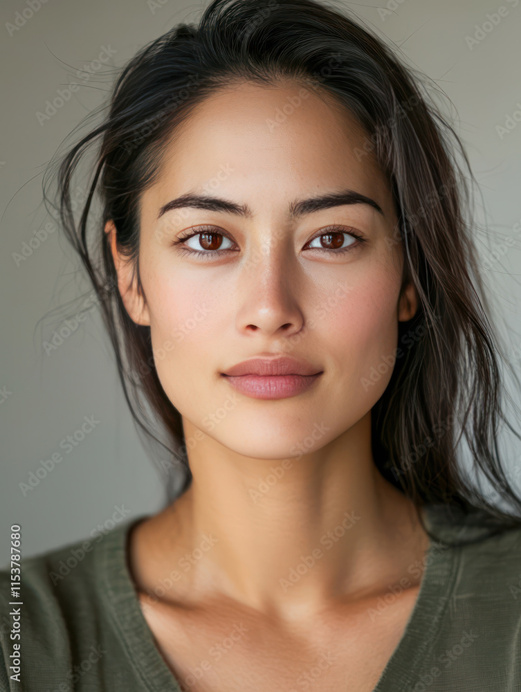 close up portrait of half asian woman with long, dark hair and natural expression. She has smooth complexion and is wearing simple green top, conveying sense of calm and confidence close up portrait of half asian woman with long, dark hair and natural expression. She has smooth complexion and is wearing simple green top, conveying sense of calm and confidence