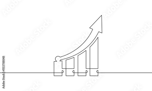 Continuous line drawing of graph with arrow up. Single line art of bar chart sign symbol. Flat icon of increasing arrow. Object one line business growth. Vector illustration