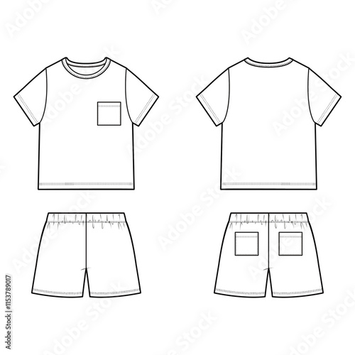 Technical flat sketch of kid's t-shirt and shorts set. Short sleeve round neck tee with one patch pockets. Pull on shorts w. two pockets.