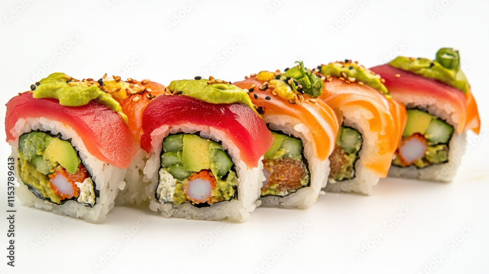 A vibrant assortment of international cuisine on a crisp white background, including colorful sushi rolls, golden tempura, rich green guacamole, and ruby red salsa bowls, all presented with precise de A vibrant assortment of international cuisine on a crisp white background, including colorful sushi rolls, golden tempura, rich green guacamole, and ruby red salsa bowls, all presented with precise de