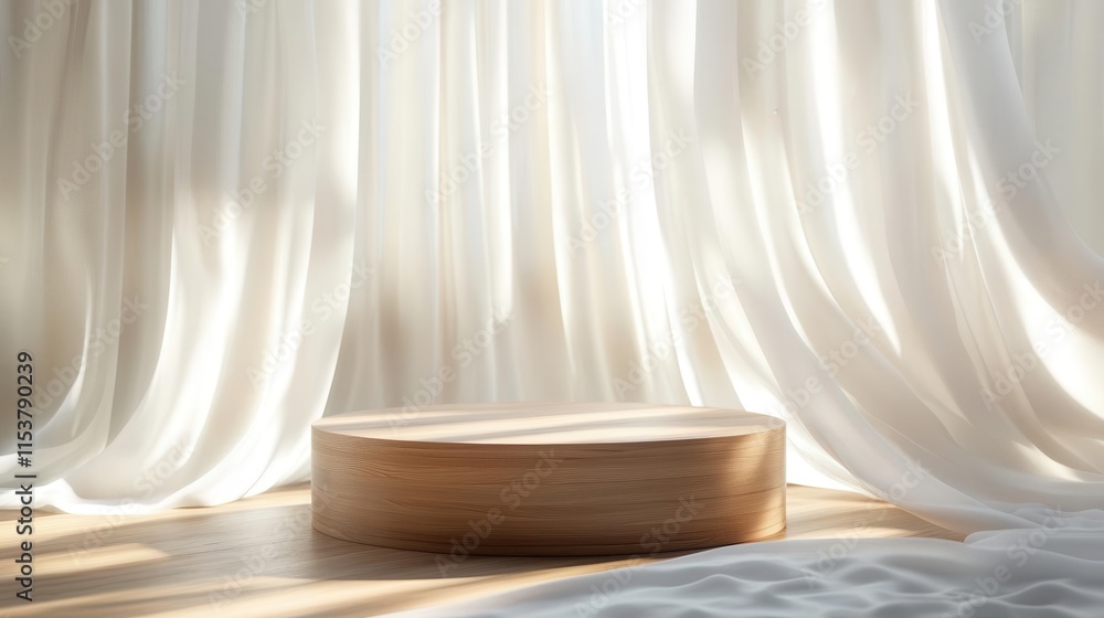 elegant product display setup modern round wooden podium with flowing white fabric in natural sunlight for premium brand presentation elegant product display setup modern round wooden podium with flowing white fabric in natural sunlight for premium brand presentation