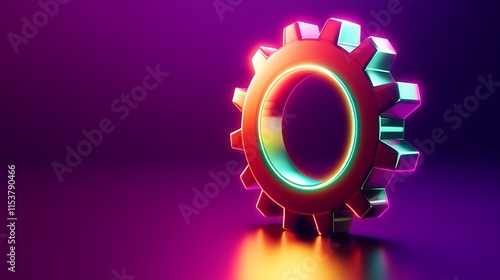 An abstract glowing gear icon with rotating neon orange and green gradients over a vibrant neon purple backdrop photo