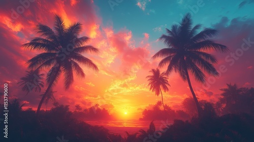 Tropical sunset silhouettes of palm trees against a vibrant fiery orange and pink sky over a calm ocean.