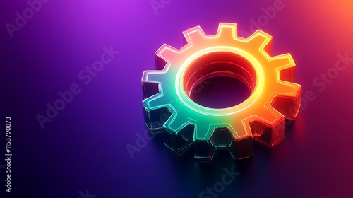 An abstract glowing gear icon with rotating neon orange and green gradients over a vibrant neon purple backdrop photo