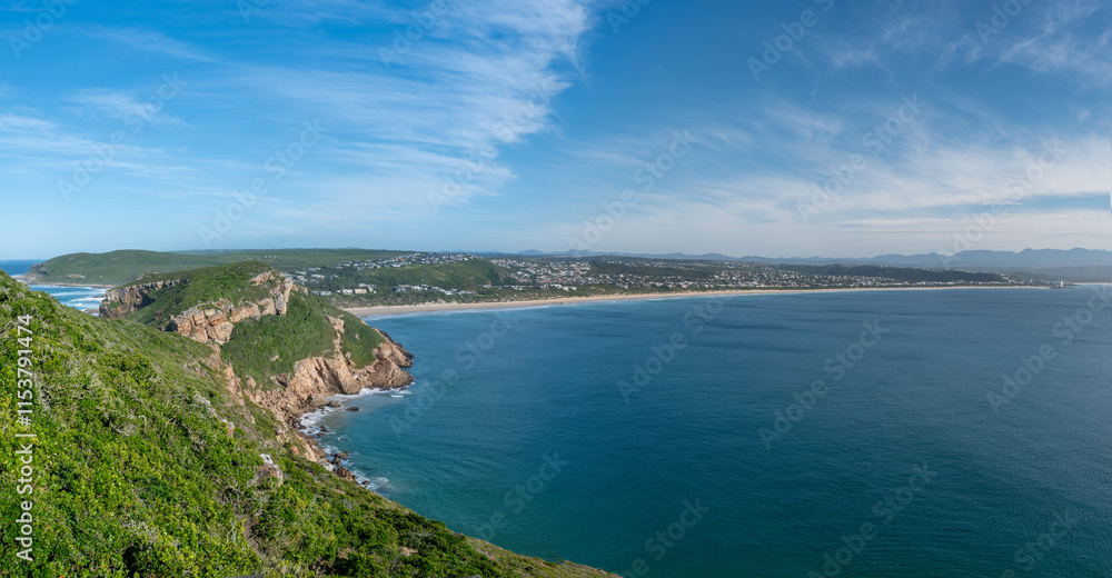 A view of a beautiful coastline with mountains and a beach at Robberg nature reserve along the Garden route, Plettenberg Bay, Western Cape province, South Africa, Africa A view of a beautiful coastline with mountains and a beach at Robberg nature reserve along the Garden route, Plettenberg Bay, Western Cape province, South Africa, Africa