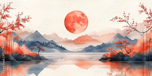 Red moon rises over a tranquil lake surrounded by mountains and autumn trees at dusk