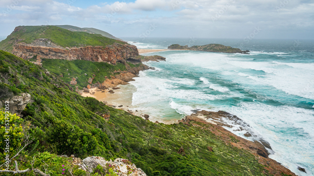 A view of the peninsula and coastline with waves and beach at Robber nature reserve along the Garden route, Plettenberg Bay, Western Cape province, South Africa, Africa A view of the peninsula and coastline with waves and beach at Robber nature reserve along the Garden route, Plettenberg Bay, Western Cape province, South Africa, Africa