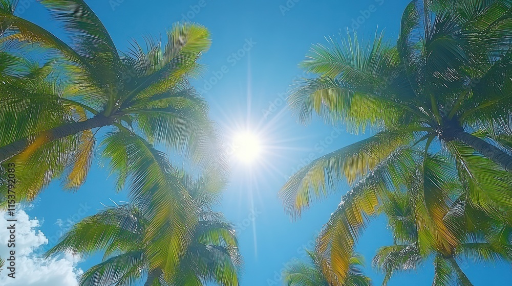 Fototapeta premium Tropical palm trees under a vibrant blue sky, sun shining brightly through leaves.