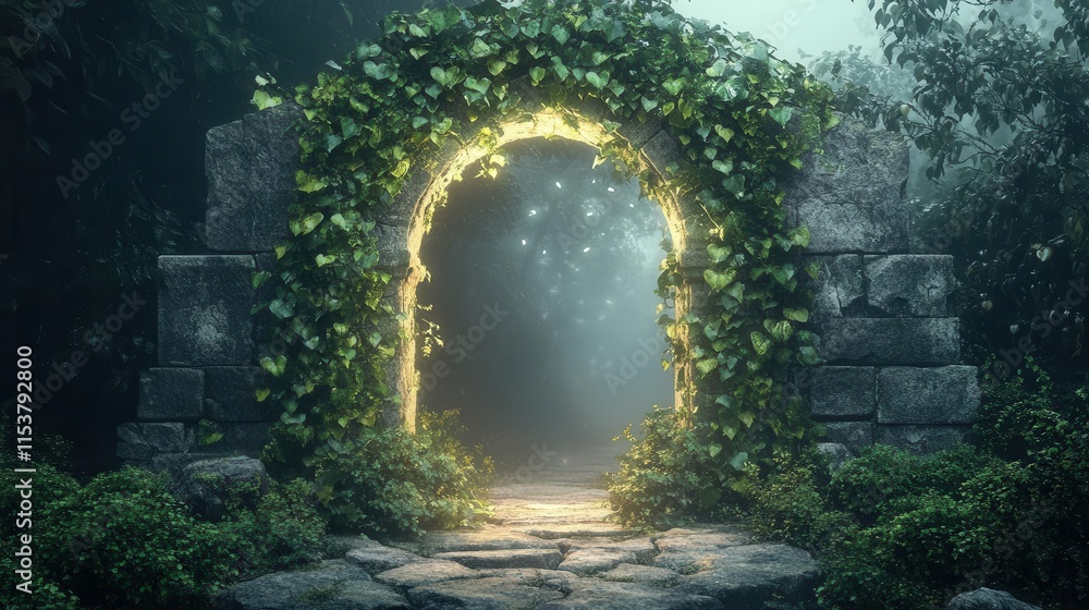 enchanted ancient stone archway portal with glowing magical energy and climbing ivy leading to mystical fantasy realm in photorealistic 3d digital art enchanted ancient stone archway portal with glowing magical energy and climbing ivy leading to mystical fantasy realm in photorealistic 3d digital art