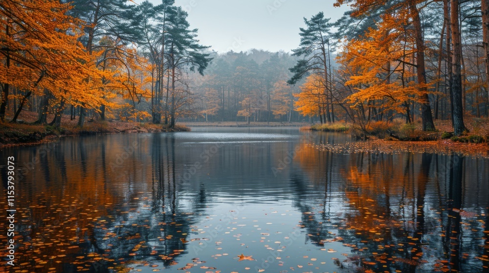 Fototapeta premium A serene lake surrounded by trees with leaves falling