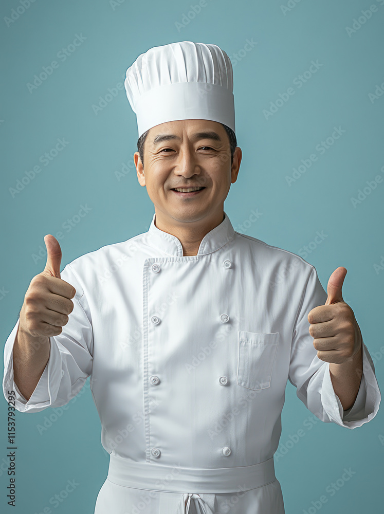middle aged asian male chef in white uniform and hat smiles and gives thumbs up, conveying sense of joy and professionalism in kitchen middle aged asian male chef in white uniform and hat smiles and gives thumbs up, conveying sense of joy and professionalism in kitchen