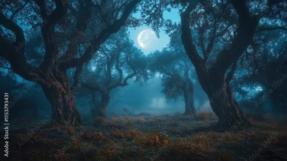 enchanted dark forest landscape at night with ancient twisted trees, mysterious fog and full moon creating ethereal halloween atmosphere enchanted dark forest landscape at night with ancient twisted trees, mysterious fog and full moon creating ethereal halloween atmosphere
