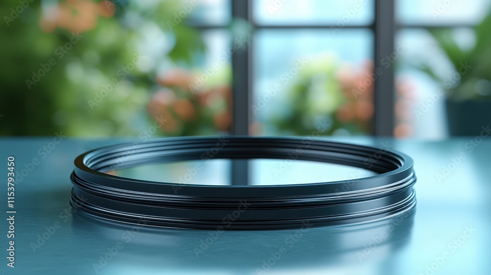 Black circular platform on a reflective surface, blurred green background.