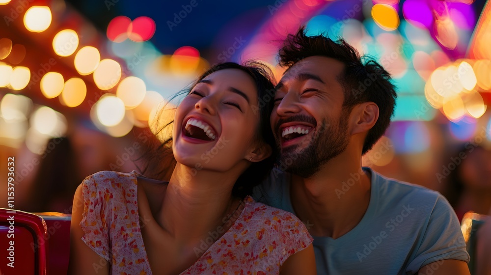 A couple having fun together at an amusement park with joyful expressions on their faces A couple having fun together at an amusement park with joyful expressions on their faces