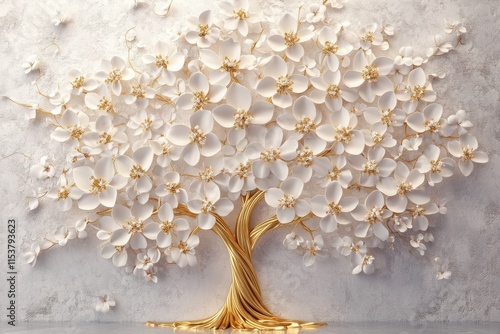 Golden tree of life mural with exquisite white flowers rendered in high-quality 3D on a minimalistic background. 