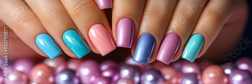 Pastel & Teal Nail Art Design, Manicured Fingers Showcasing a Vibrant, Summery Color Palette over Shimmering Beads