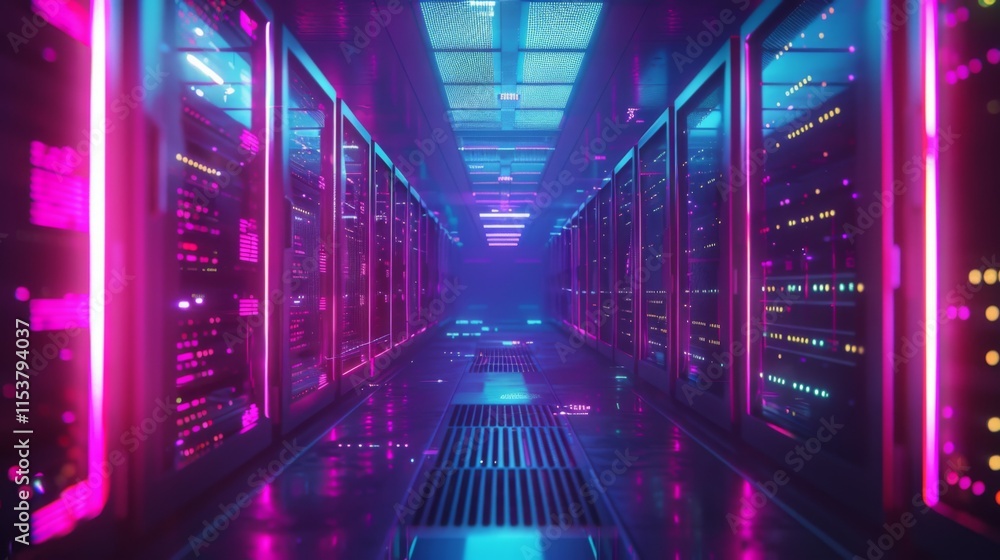 A neon colored computer room with many computer servers A neon colored computer room with many computer servers