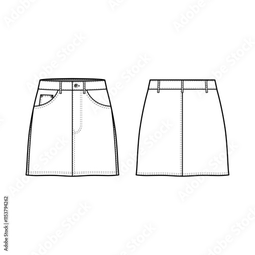 Technical flat sketch of Women's Denim Mini Skirt. Skirt with pockets and belt loops. Metal button, Zipper flip.