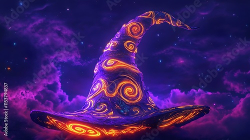 An abstract glowing witch's hat with swirling neon purple and orange patterns, glowing softly under a neon purple sky photo