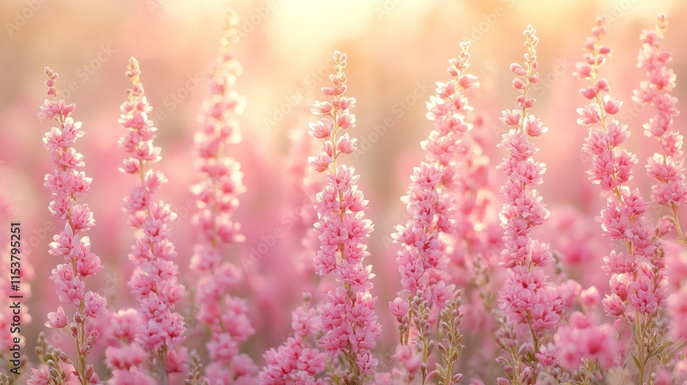 Naklejka premium A serene field of pink flowers bathed in soft sunlight, evoking tranquility and beauty.