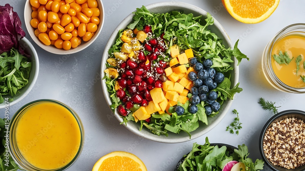 A photostock image of a healthy vegan lunch with a colorful salad and smoothie bowl.--ar 16:9 A photostock image of a healthy vegan lunch with a colorful salad and smoothie bowl.--ar 16:9