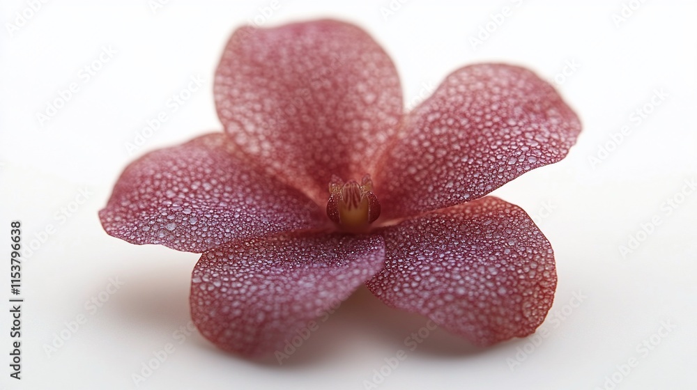 Close-up of a single, dew-covered, maroon orchid blossom isolated on white. Close-up of a single, dew-covered, maroon orchid blossom isolated on white.