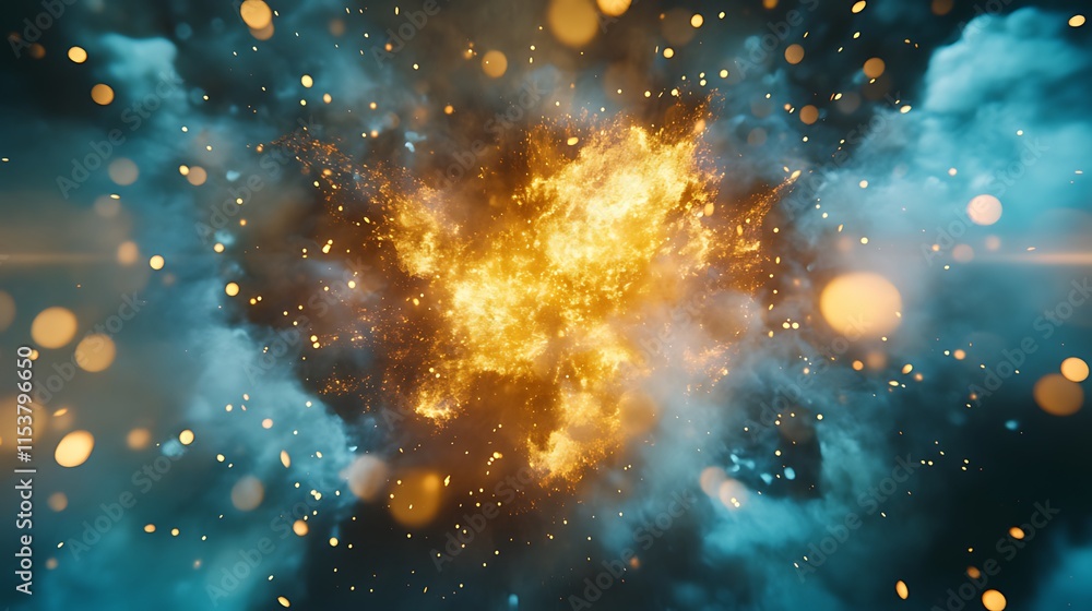 Energetic Explosion with Layers of Teal and Gold Surrounded by Glowing Smoke Trails and Fiery Embers with Realistic Physics for Natural Particle Spread Energetic Explosion with Layers of Teal and Gold Surrounded by Glowing Smoke Trails and Fiery Embers with Realistic Physics for Natural Particle Spread