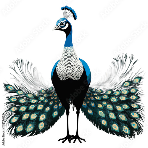 Ethereal Peacock Art: Hyper-Detailed Traditional Asian Wildlife Illustration with Meticulous Line Work and Shimmering Feather Details - Fine Art Design photo