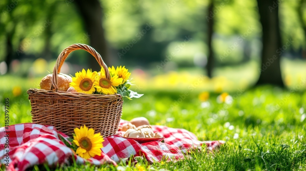 Picnic Basket with Sunflowers in a Sunny Park Picnic Basket with Sunflowers in a Sunny Park