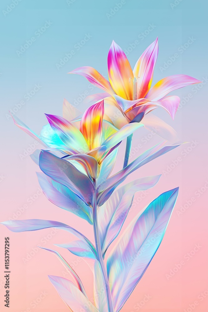 Iridescent lily flowers in pastel and neon hues, blending natural beauty with abstract artistic expression. Minimal floral composition. Spring awakening concept. Iridescent lily flowers in pastel and neon hues, blending natural beauty with abstract artistic expression. Minimal floral composition. Spring awakening concept.