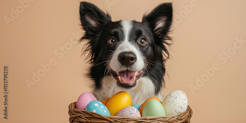 Happy dog with easter eggs indoor setting pet photography bright colors close-up perspective celebrating spring festivities