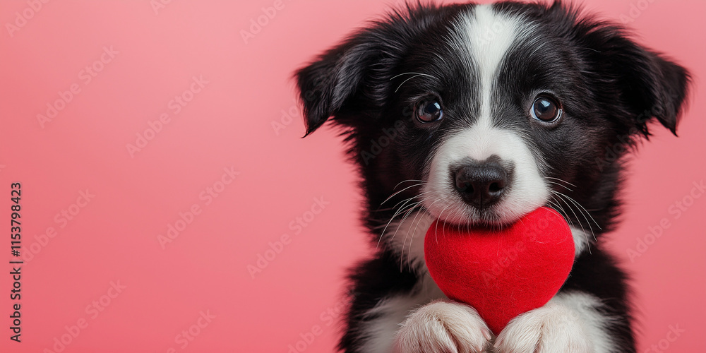 Adorable puppy holding heart studio background pet photography romantic theme close-up perspective love and affection concept Adorable puppy holding heart studio background pet photography romantic theme close-up perspective love and affection concept