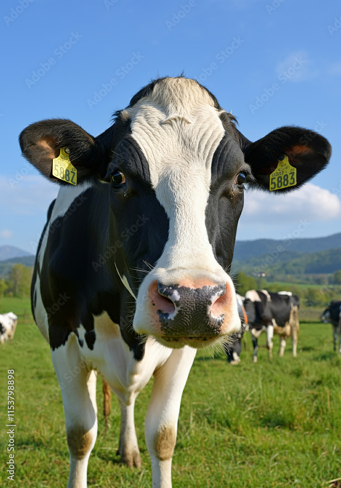 Close up Dairy Cow in Green Pasture Farm Animal Portrait Close up Dairy Cow in Green Pasture Farm Animal Portrait