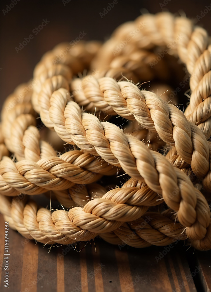Coarse, fibrous jute rope with visible strands and twists. new image Coarse, fibrous jute rope with visible strands and twists. new image