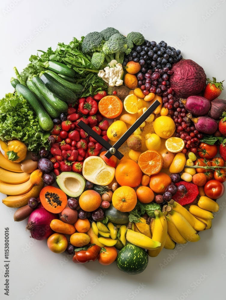 Clock made of fruits and vegetables showing time of 23 hours 55 minutes, time for new year resolutions
