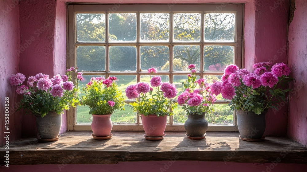 Fototapeta premium A serene window display featuring vibrant flowers in pots, enhancing the cozy atmosphere.