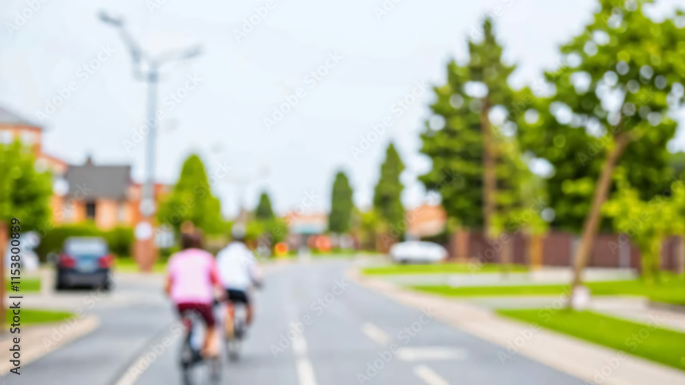 Fototapeta premium Blurred background of a serene neighborhood setting featuring rainwater harvesting systems and designated bike paths for a greener healthier community
