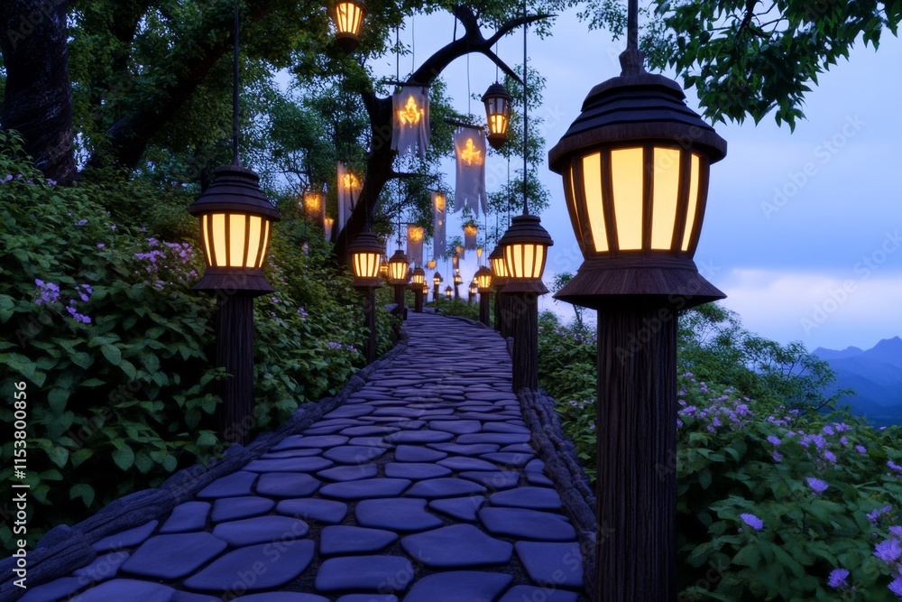 A digital 3D scene of a medieval castle with torches glowing, banners hanging, and knights on patrol A digital 3D scene of a medieval castle with torches glowing, banners hanging, and knights on patrol