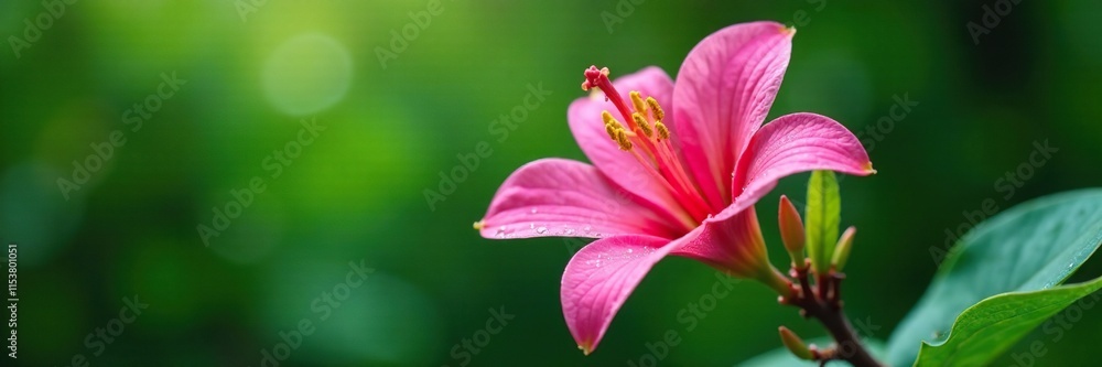 Pink kaffir lily flower on a tree branch with tiny water droplets, green, pink Pink kaffir lily flower on a tree branch with tiny water droplets, green, pink
