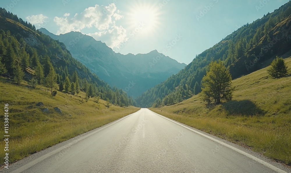 Fototapeta premium A scenic road stretching through mountains under a bright sun.