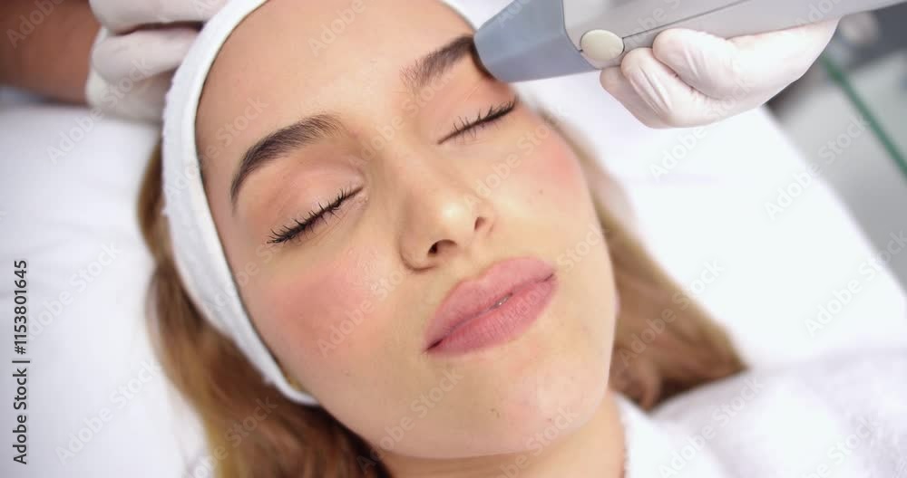 Amazing close-up shot of the face of a beautiful woman with clean skin receiving a beauty treatment with technological equipment in a clinic. Amazing close-up shot of the face of a beautiful woman with clean skin receiving a beauty treatment with technological equipment in a clinic.