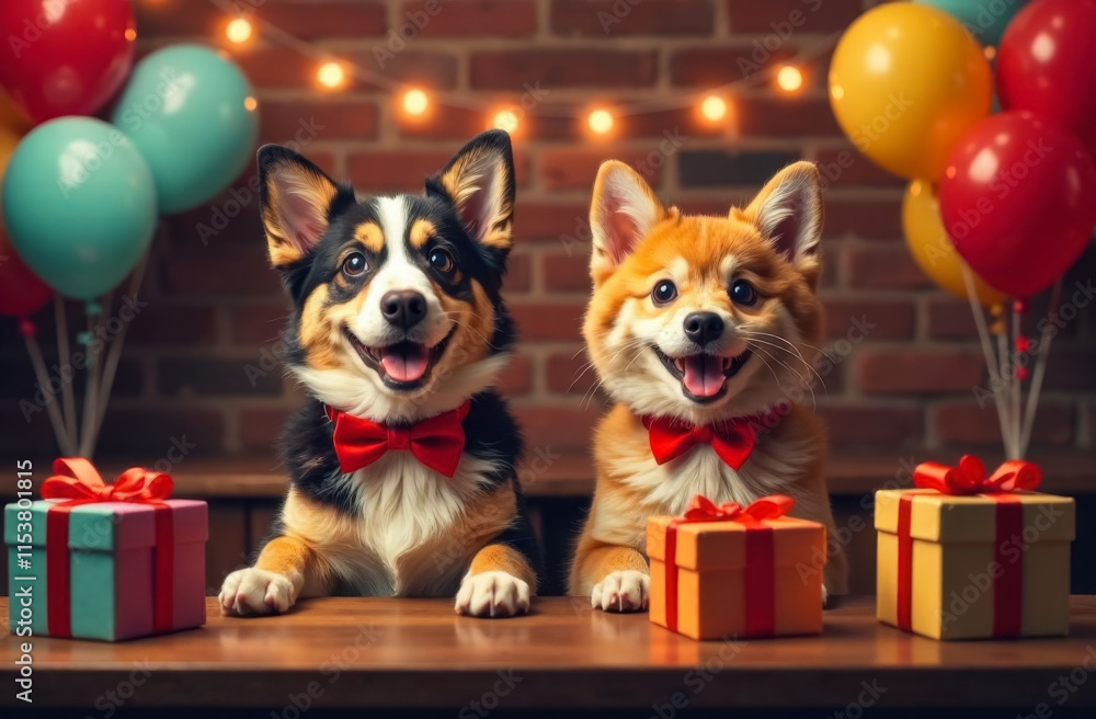 two cheerful corgi dogs in red bow ties sitting at wooden table with gift boxes and balloons two cheerful corgi dogs in red bow ties sitting at wooden table with gift boxes and balloons