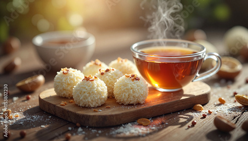 Wallpaper Mural Coconut dessert balls served with hot tea on a wooden board in a cozy setting Torontodigital.ca
