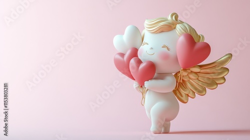 Cute cupid figurine holding heart balloons symbolizing love, romance, and Valentine's Day celebration